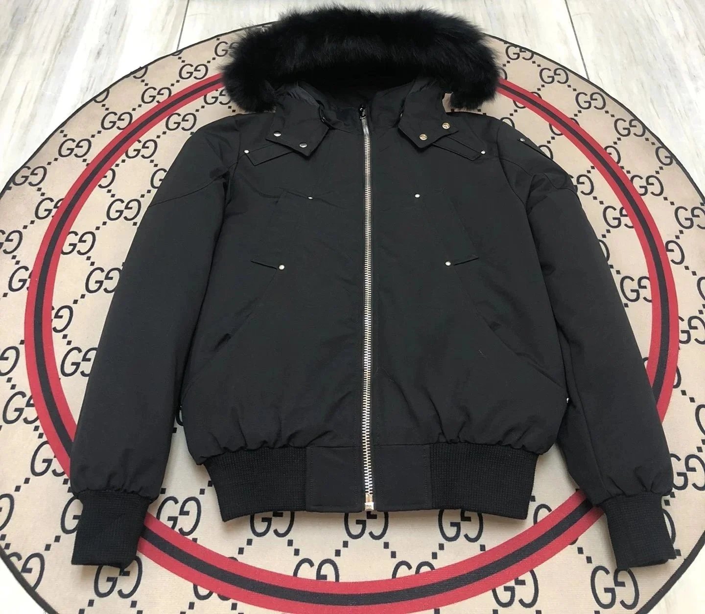Moncler Men's Black Down Jacket with Fur Collar and Hood