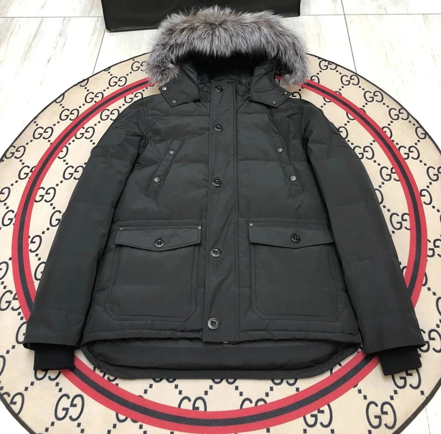 Moncler Men's Black Down Jacket with Fur Collar and Hood