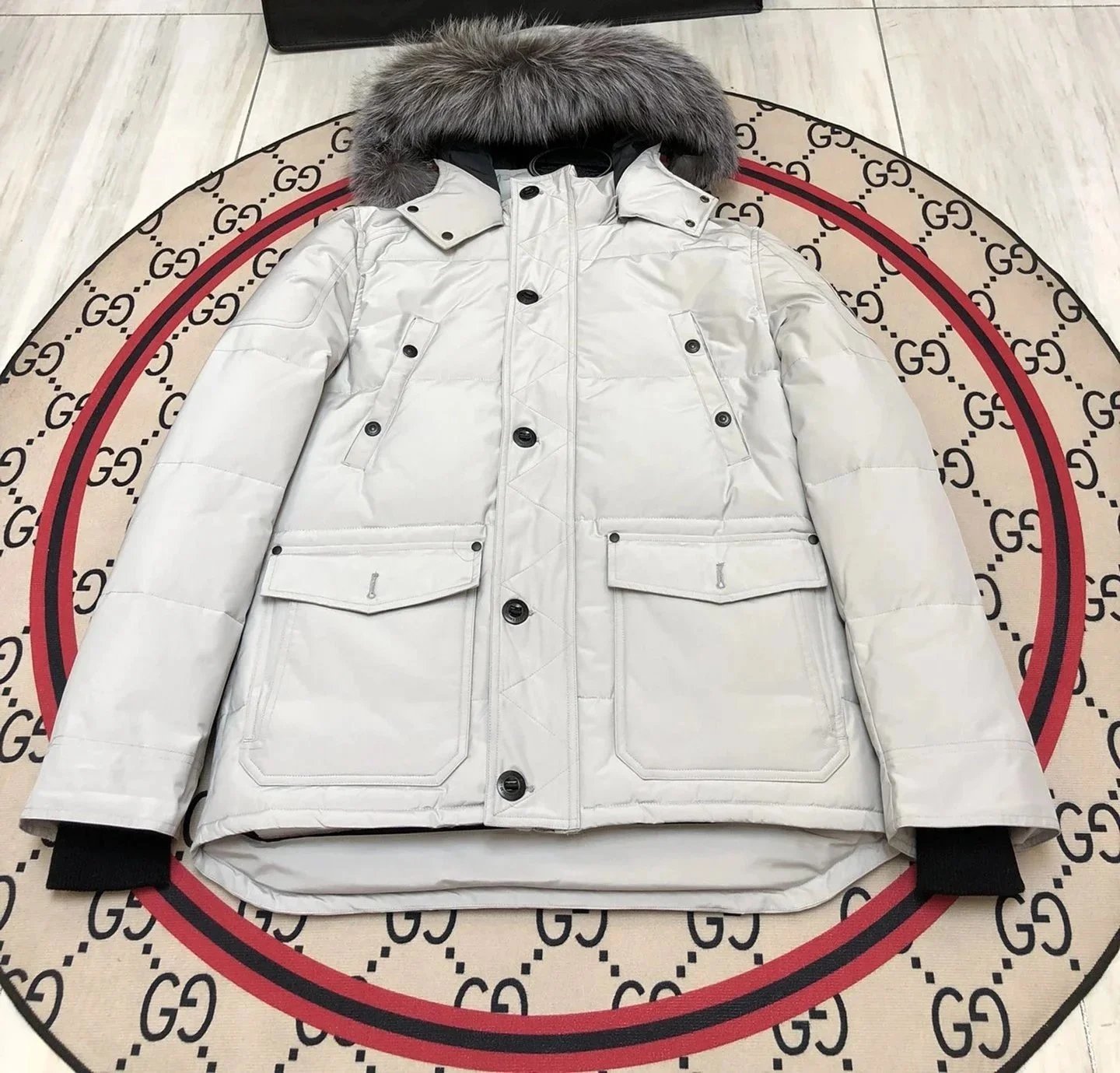 Moncler Men's Black Down Jacket with Fur Collar and Hood