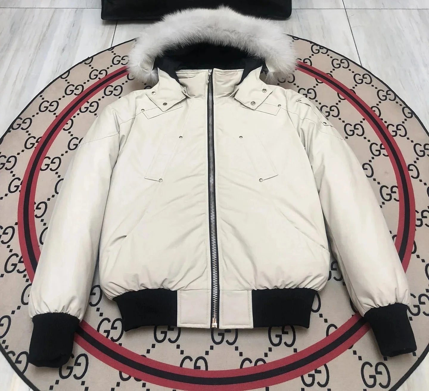 Moncler Men's Black Down Jacket with Fur Collar and Hood