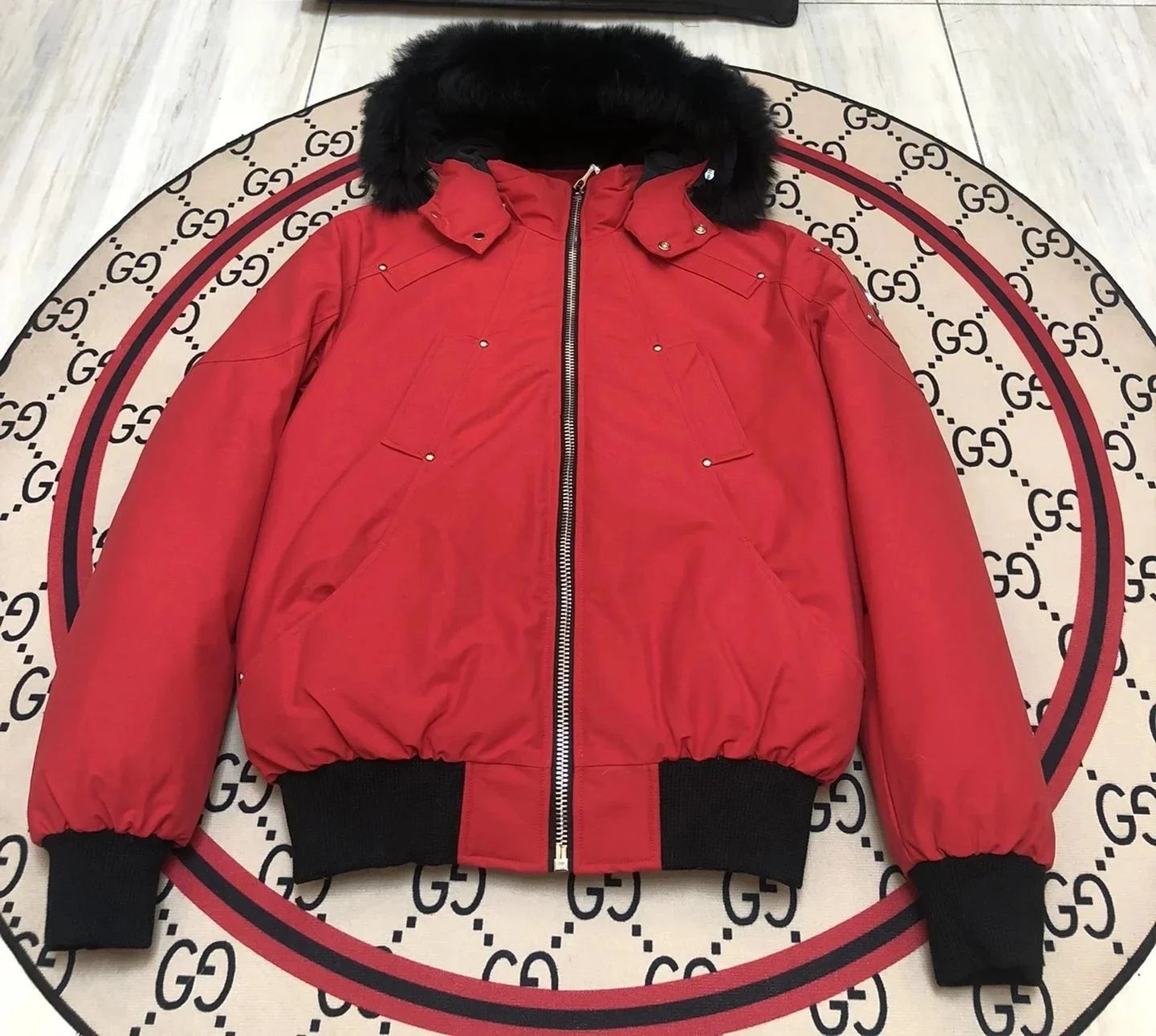 Moncler Men's Black Down Jacket with Fur Collar and Hood