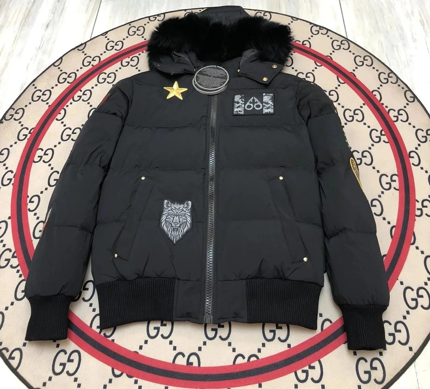 Moncler Men's Black Down Jacket with Fur Collar and Hood