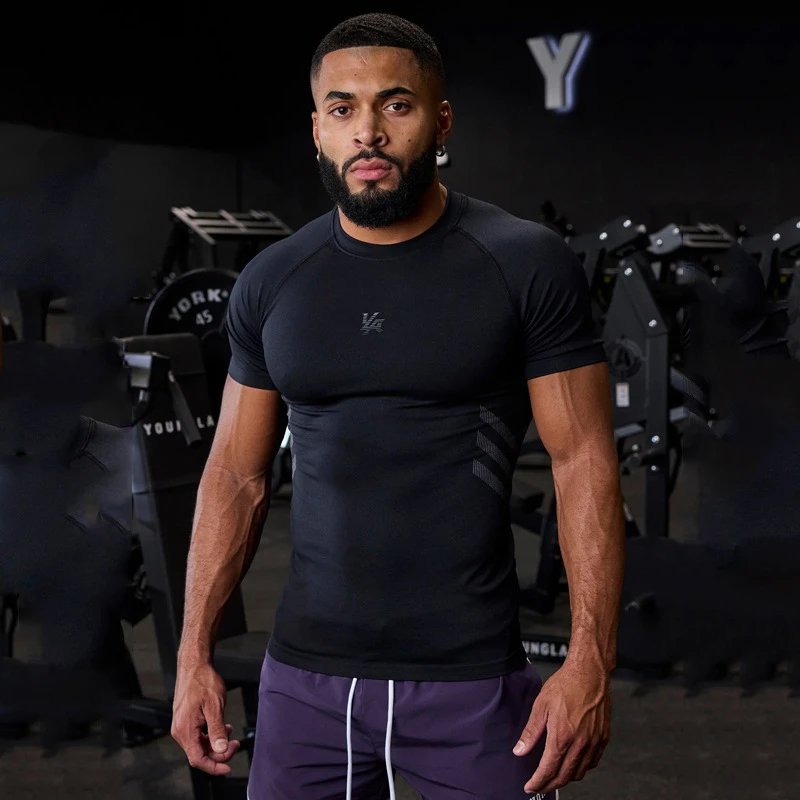 男士T恤夏季新款健身房运动健美速干透气弹力圆领短袖上衣-MLMLSPTS0808