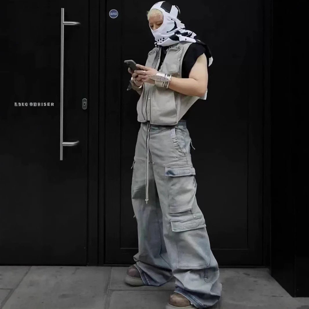 High version R0 style washed light blue large pocket wide leg workwear jeans gradient trendy men's and women's loose pants