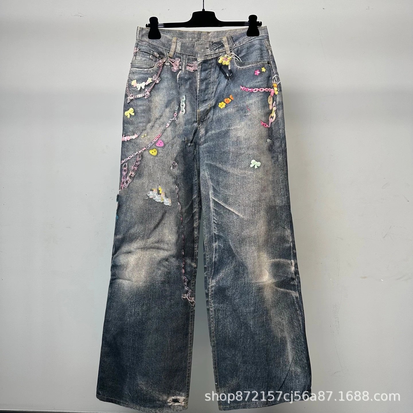 Acne Studios Jeans Chain Print Loose Fit Distressed Blue