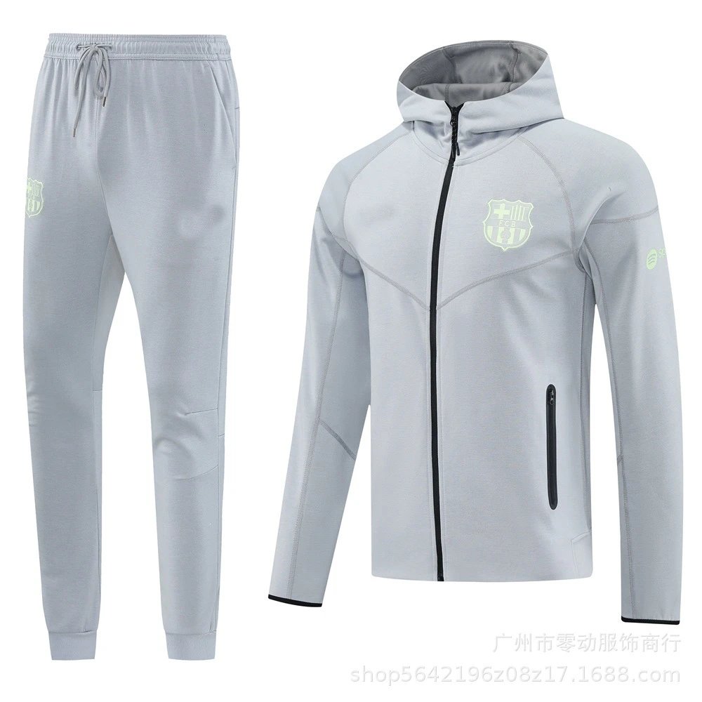 Unbranded Tracksuits Football-Inspired Zip-Up Track Jacket and Pants Set — 25 Barcelona 01 Grey Hoodie Set