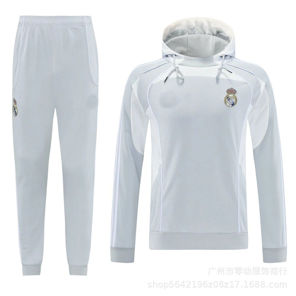 Unbranded Tracksuits Football-Inspired Zip-Up Track Jacket and Pants Set — 25 Real Madrid light gray sweater suit