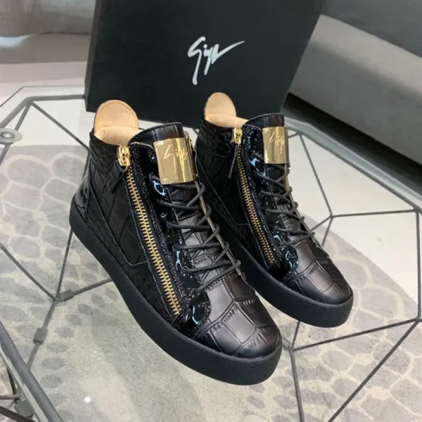 Design Giuseppe Zanotti High-Top Sneakers Black Croc-Embossed with Gold Zipper Sneakers - 9