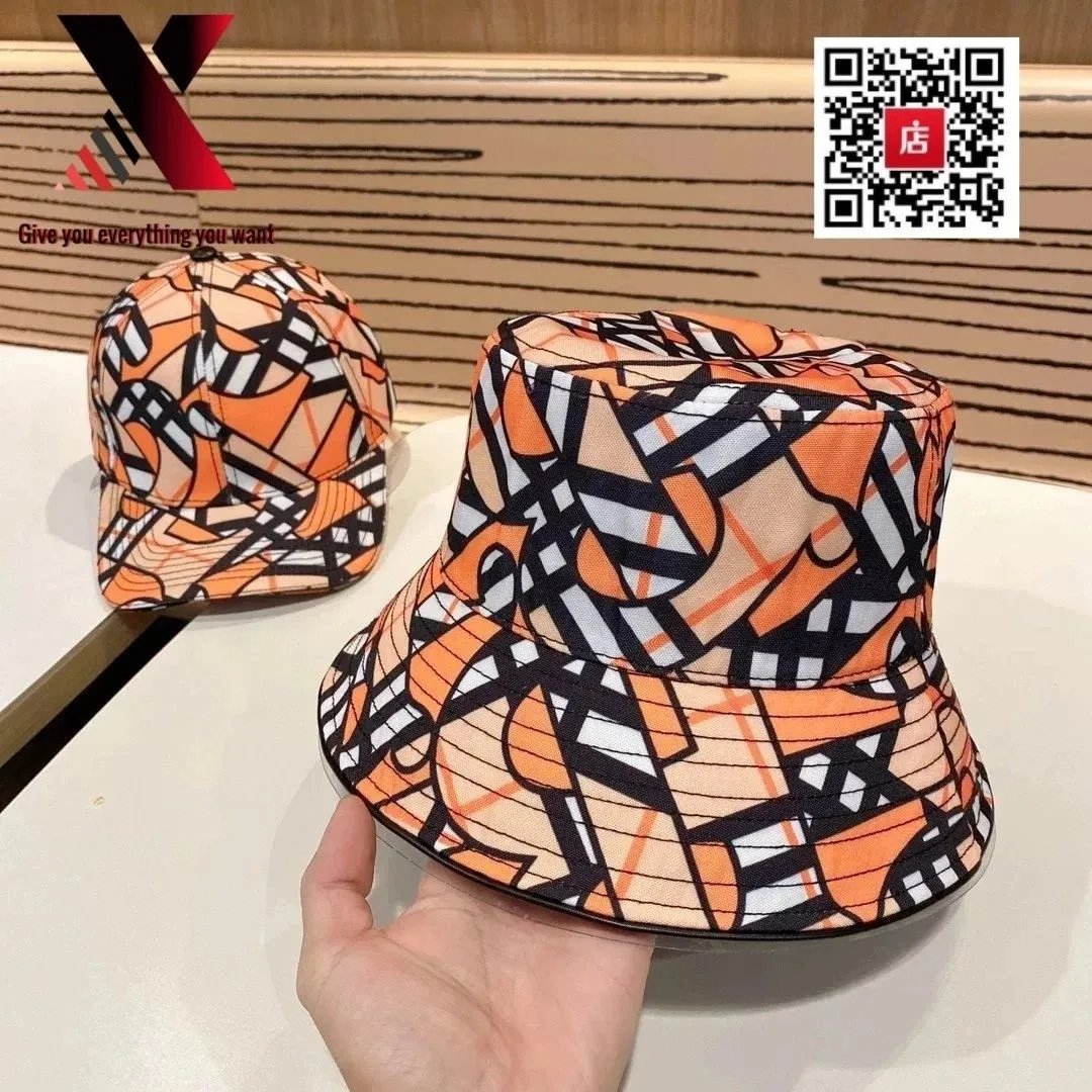 Burberry Check Print Orange Bucket Hat and Baseball Cap Set