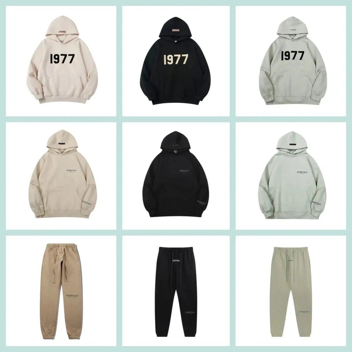 Essentials 1977 Hoodie and Pants Set in Beige, Black, and Grey