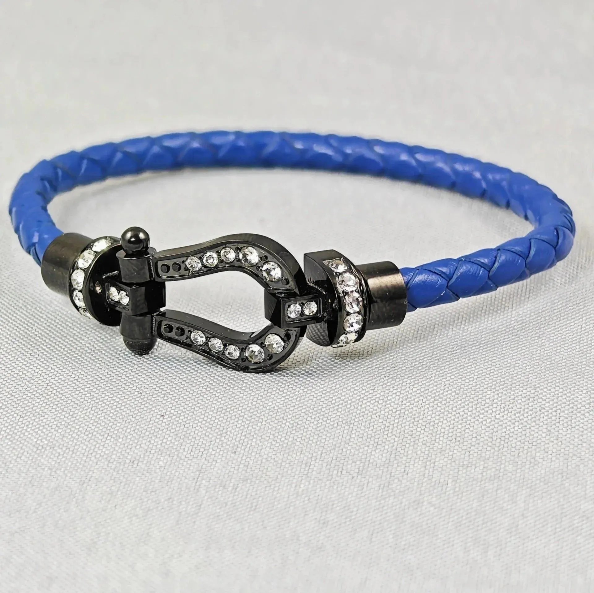 Fendi Selleria Bracelet Blue Leather with Black Crystal-Embellished Shackle Clasp