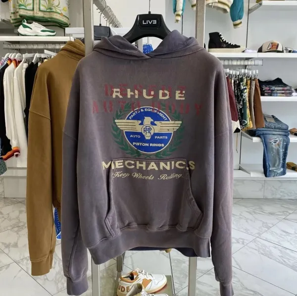 Rhude Auto Body Mechanics Hoodie Gray - 1