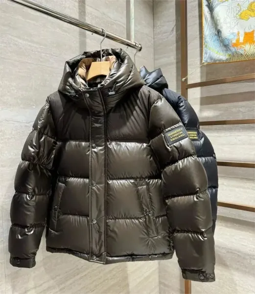 Burberry Down Jacket Black Glossy Puffer with Logo Patch - 1