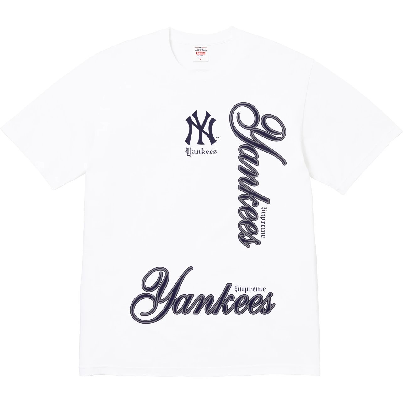 Supreme T-Shirts Sheep Print — Supreme × MLB Collaboration Crew-Neck Casual Short-Sleeve T-Shirt in White, Featuring Reversible Lettering Print for Unisex Wear