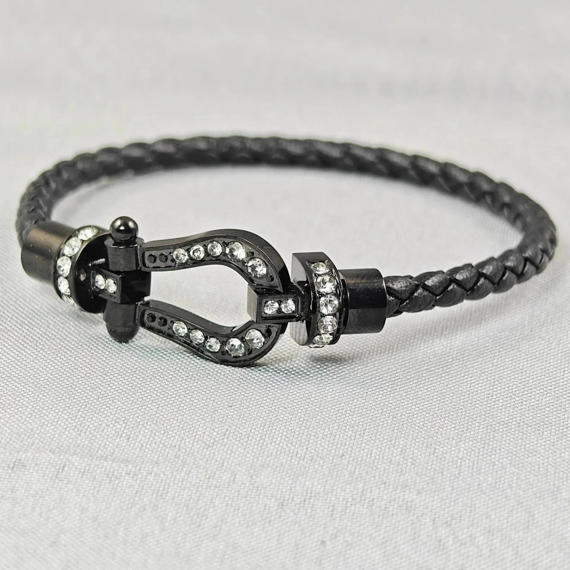 Fendi Selleria-Style Crystal-Embellished Black Leather Braided Bracelet