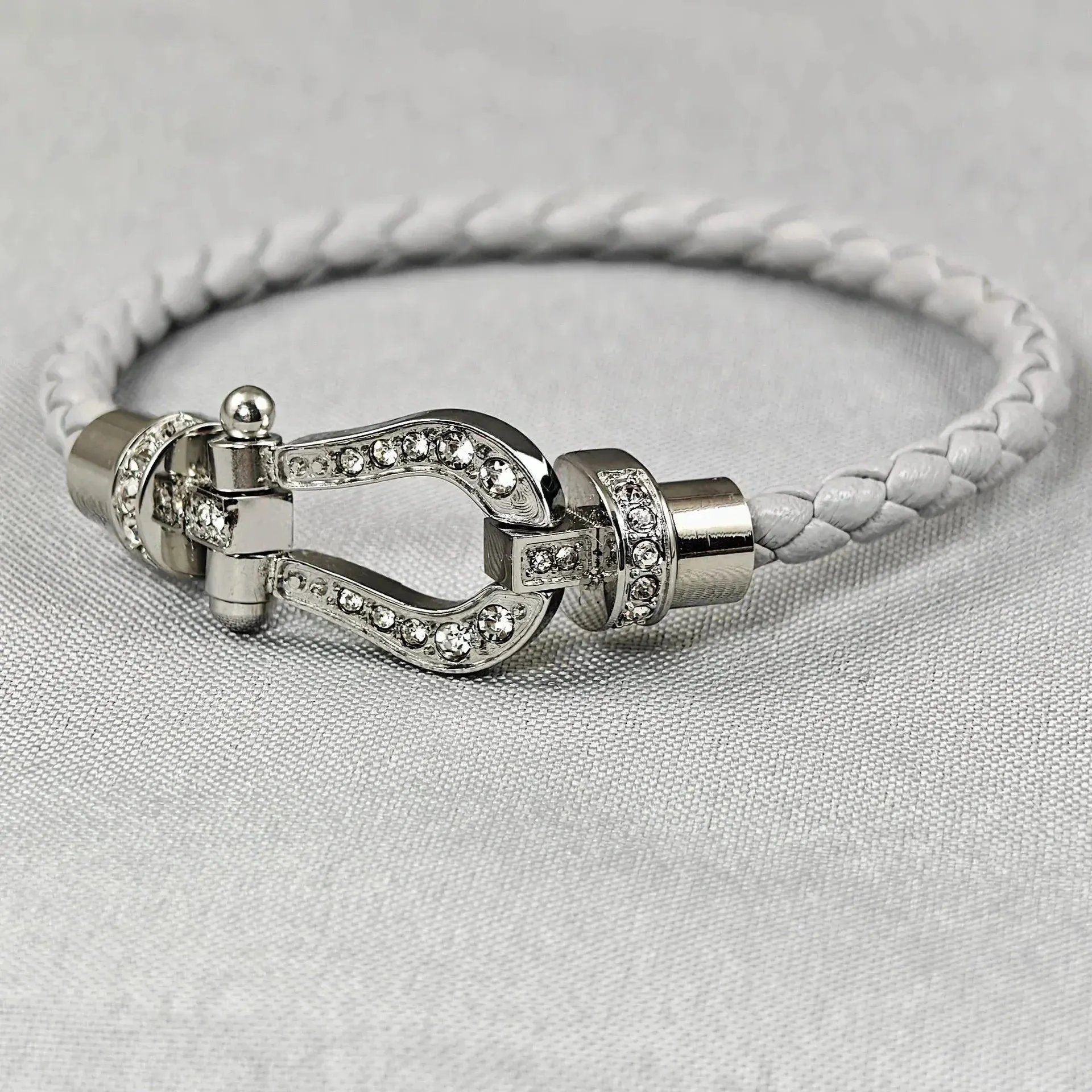 Fendi Selleria Bracelet White Leather with Crystal-Embellished Buckle