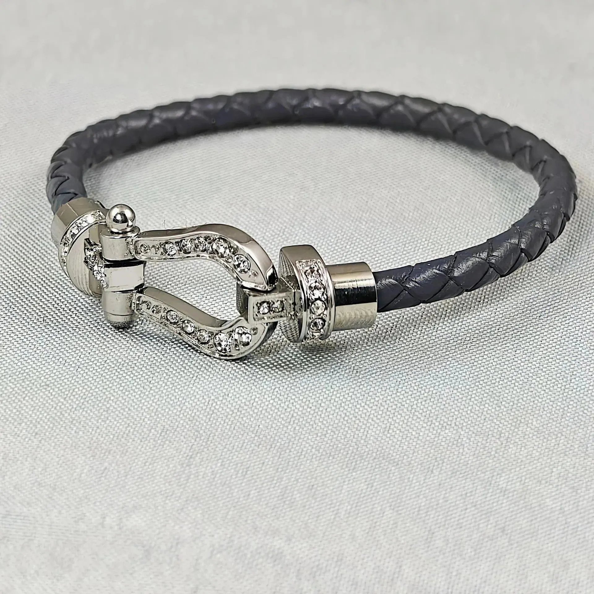 Fendi Selleria-Inspired Braided Leather Bracelet with Crystal-Embellished Buckle Clasp Gray Bracelet