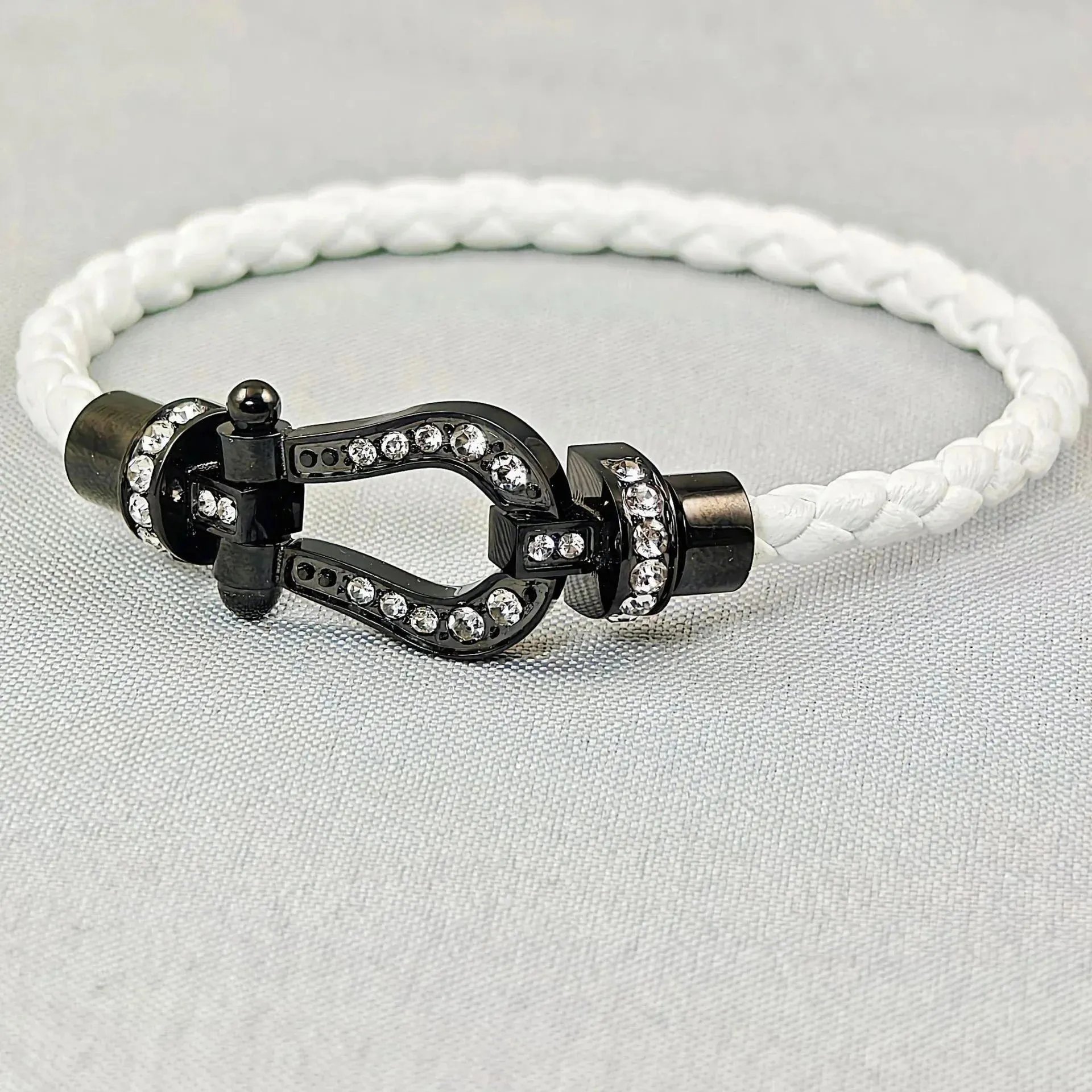 Fendi Selleria-Style Crystal-Embellished Black Clasp Bracelet with White Braided Cord