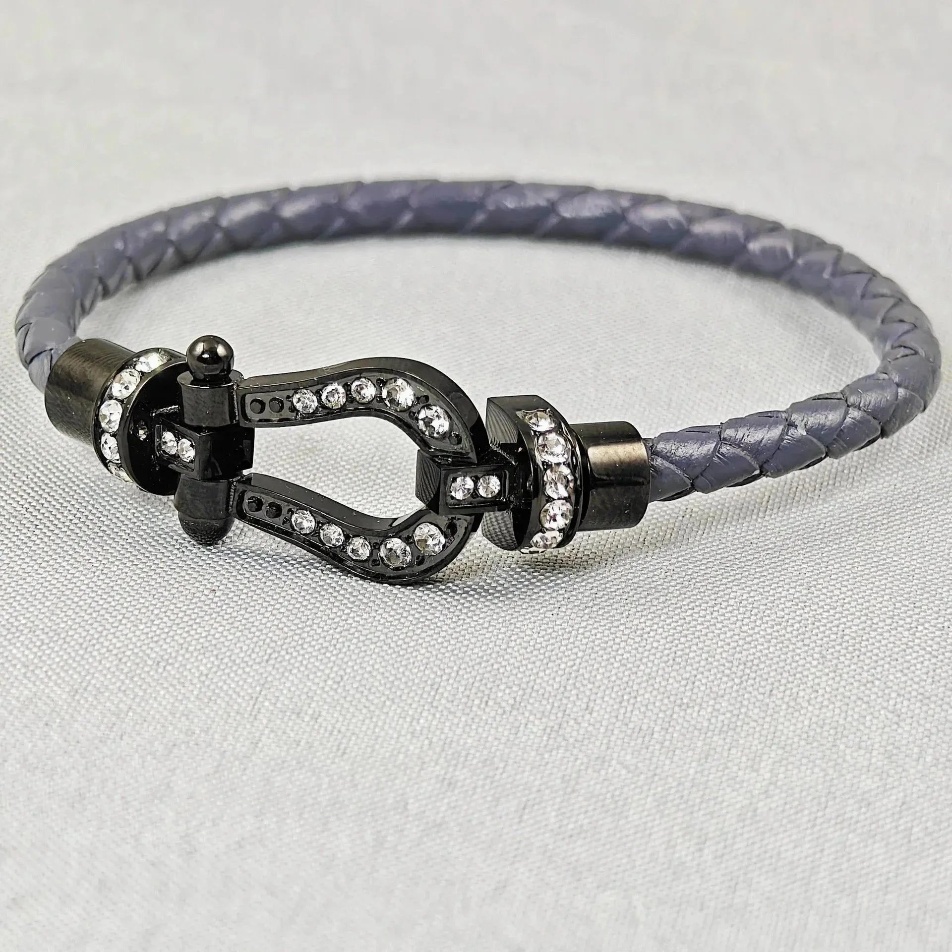 Fendi Selleria Bracelet Gray Leather with Black PVD Clasp and Crystals