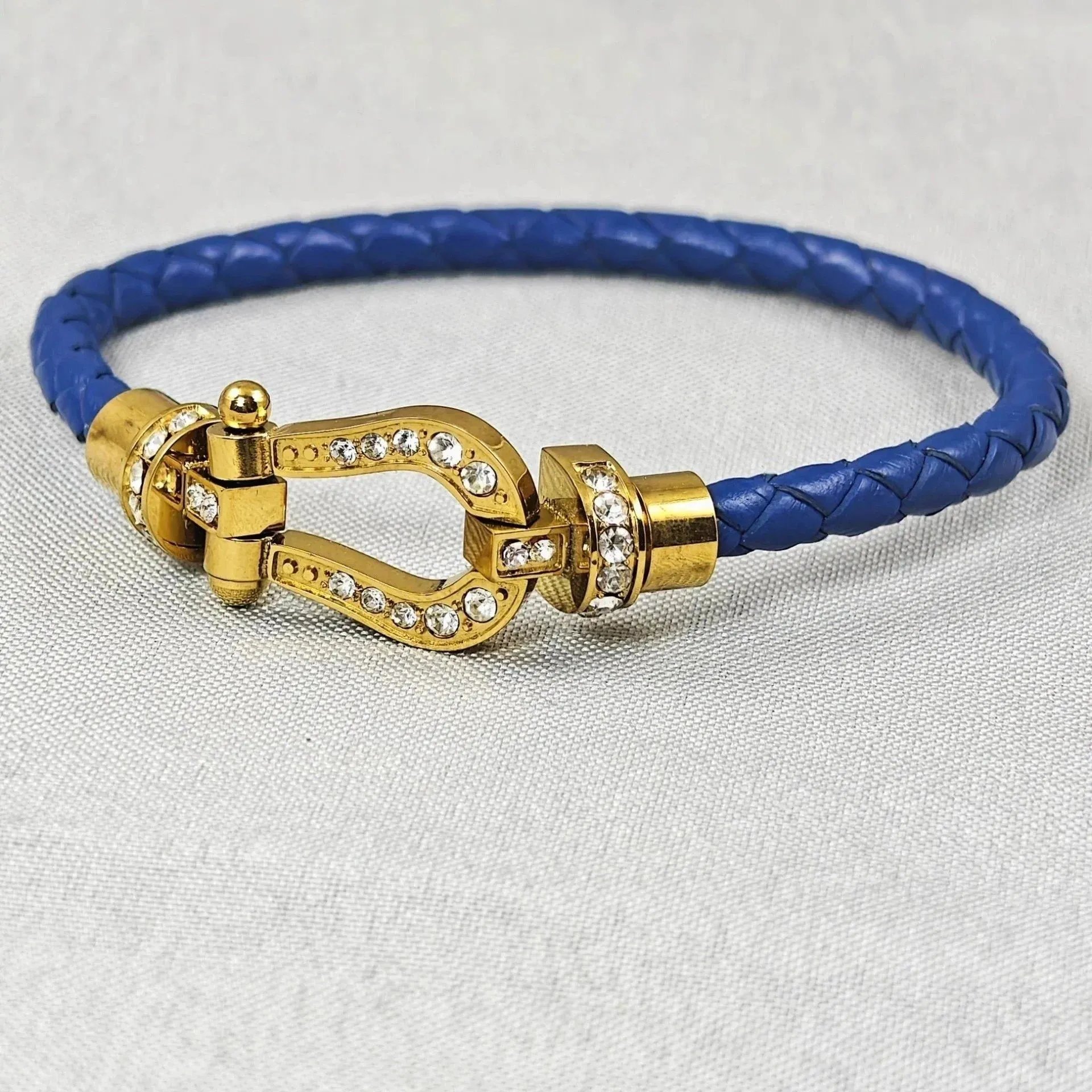 Fendi Selleria-Style Crystal-Embellished Blue Braided Leather Bracelet