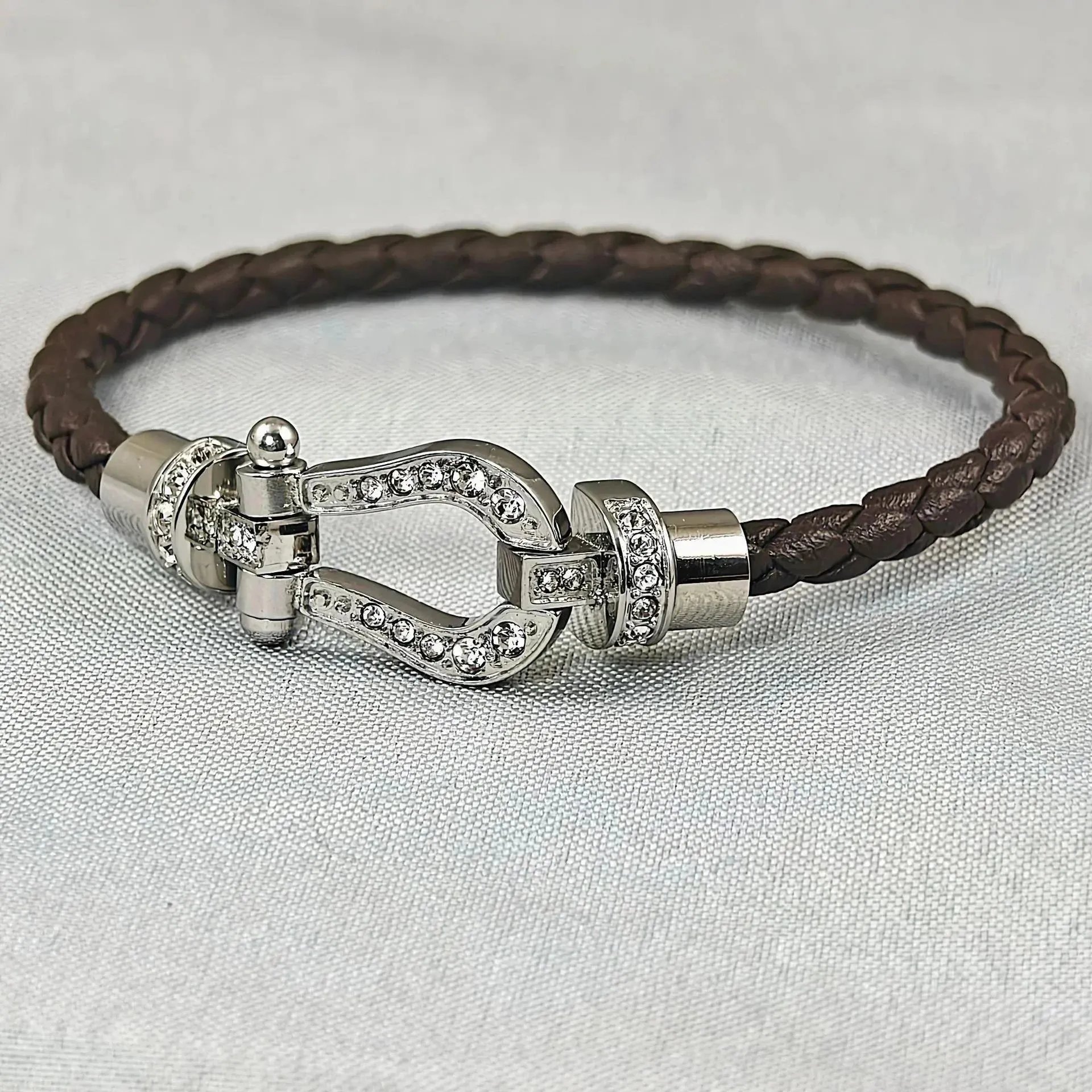 Fendi Selleria-Style Braided Leather Bracelet with Crystal-Set Buckle Brown Bracelet