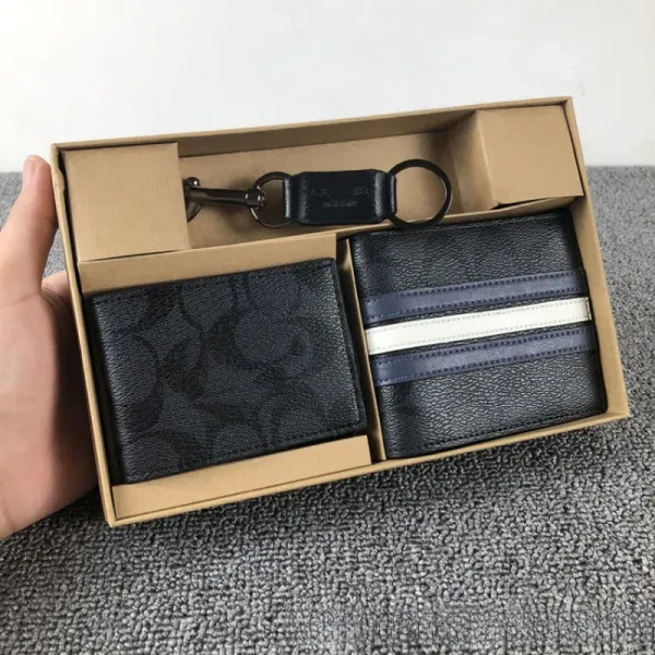 Coach Signature Print Bifold Wallet and Stripe Wallet Gift Set Black Short Wallet - 1