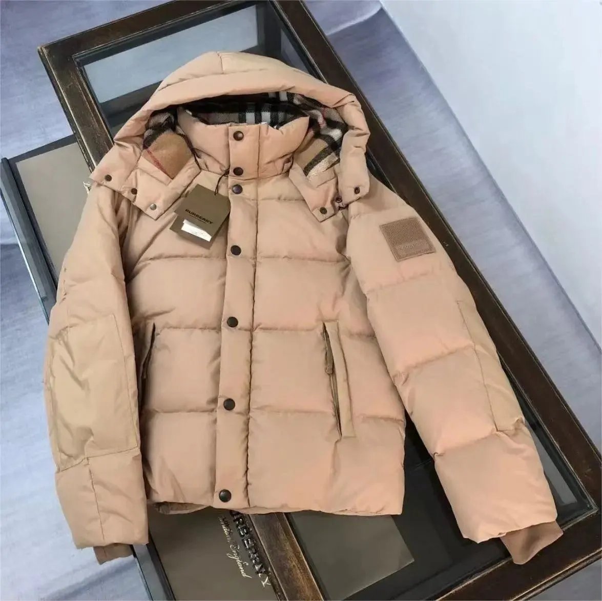 Burberry Down Jacket Beige with Classic Check Hood Lining - 1