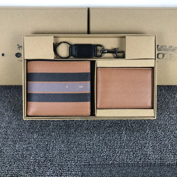 Coach Stripe Leather Wallet and Keychain Set Tan Short Wallet - 1