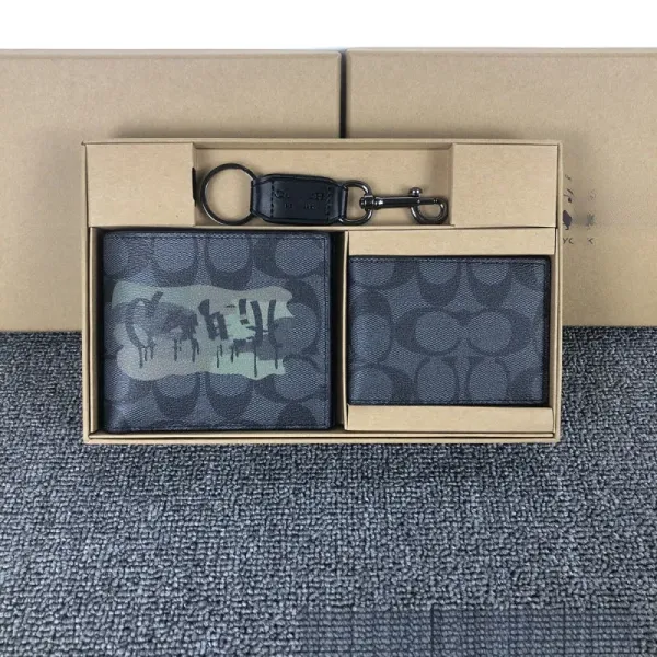 Coach Signature Print Bifold Wallet and Key Ring Set Charcoal Gray Accessories - 1