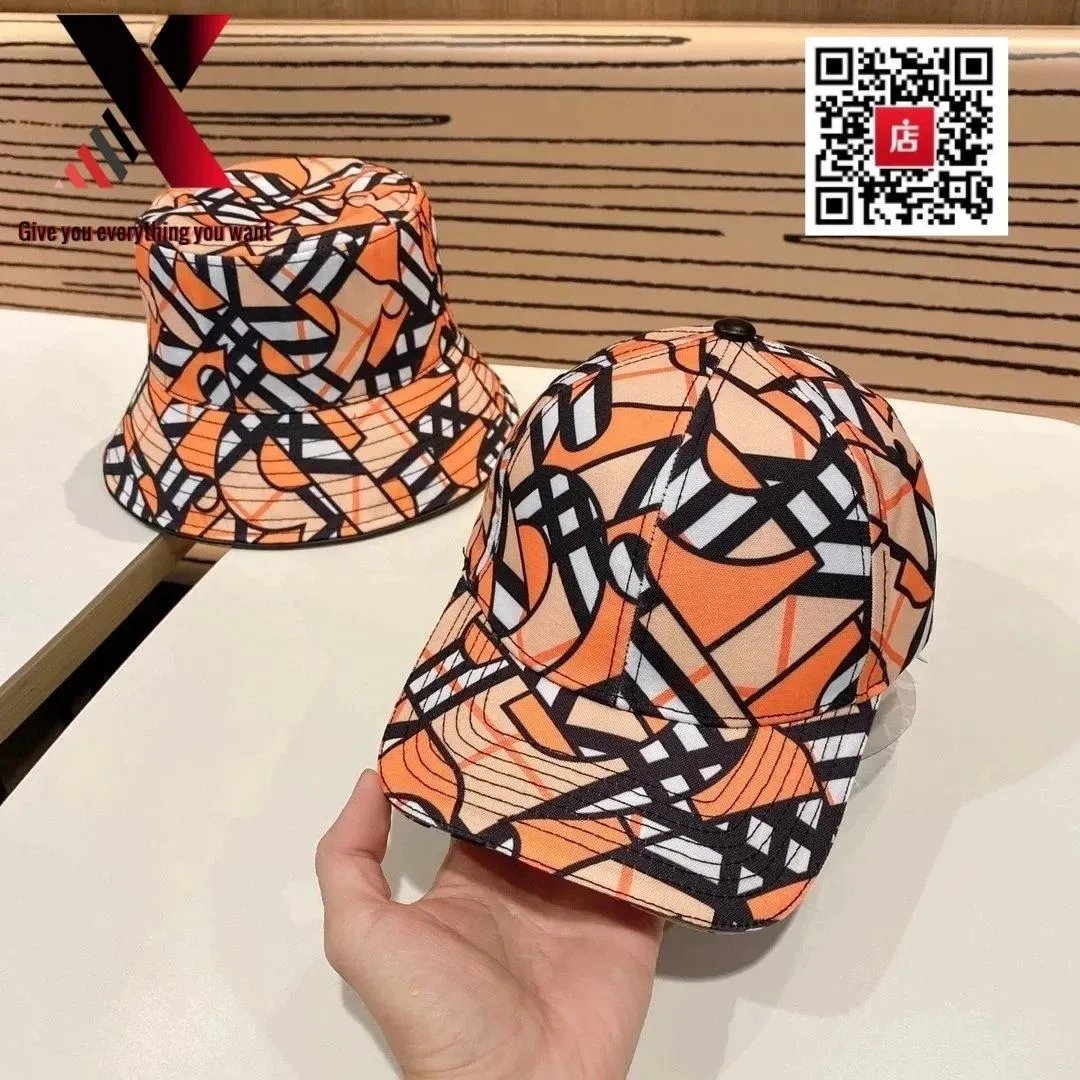 Burberry Check Print Orange Multicolor Bucket Hat and Baseball Cap Set