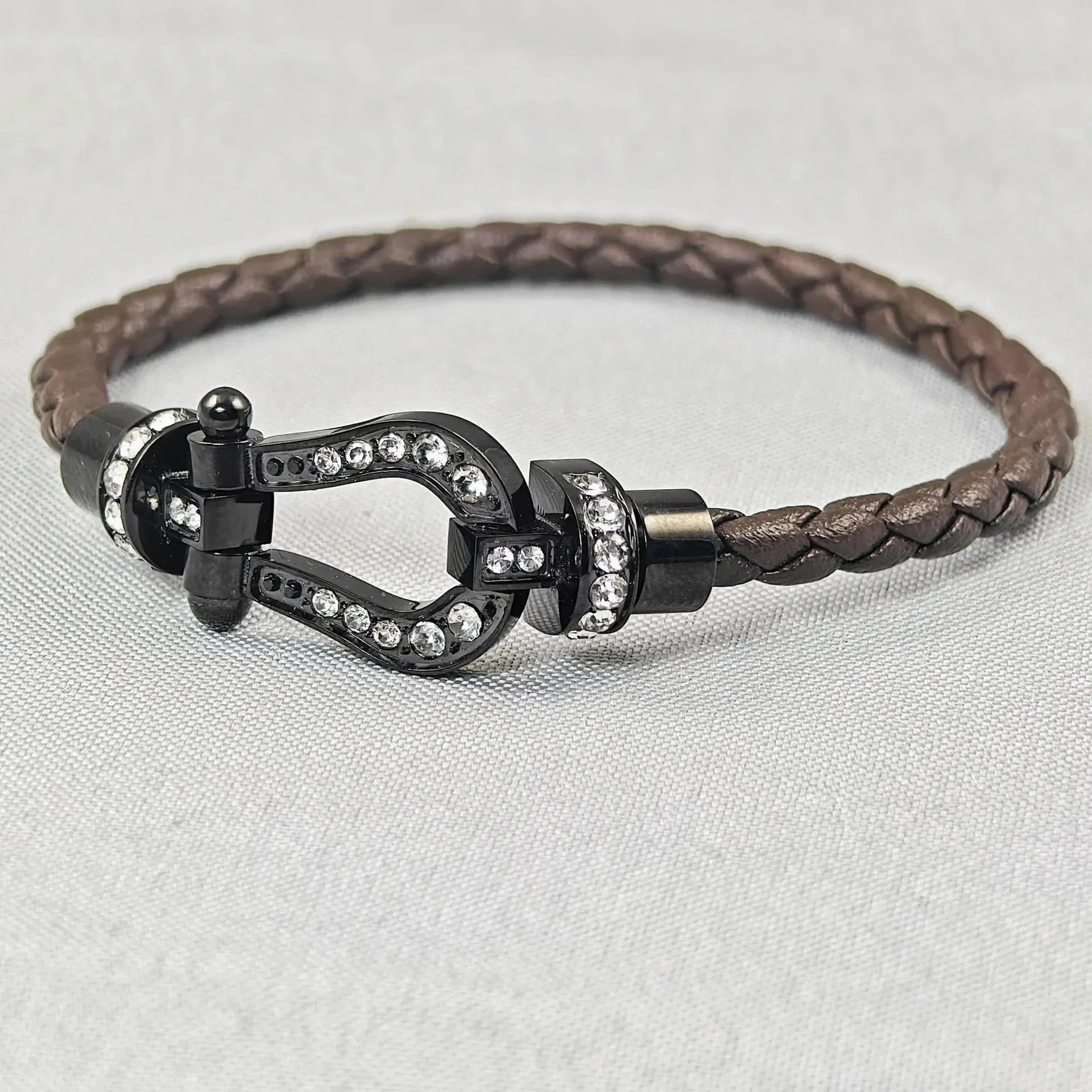 Fendi Selleria-Inspired Braided Leather Bracelet with Pave Crystal Buckle Black/Brown Bracelet