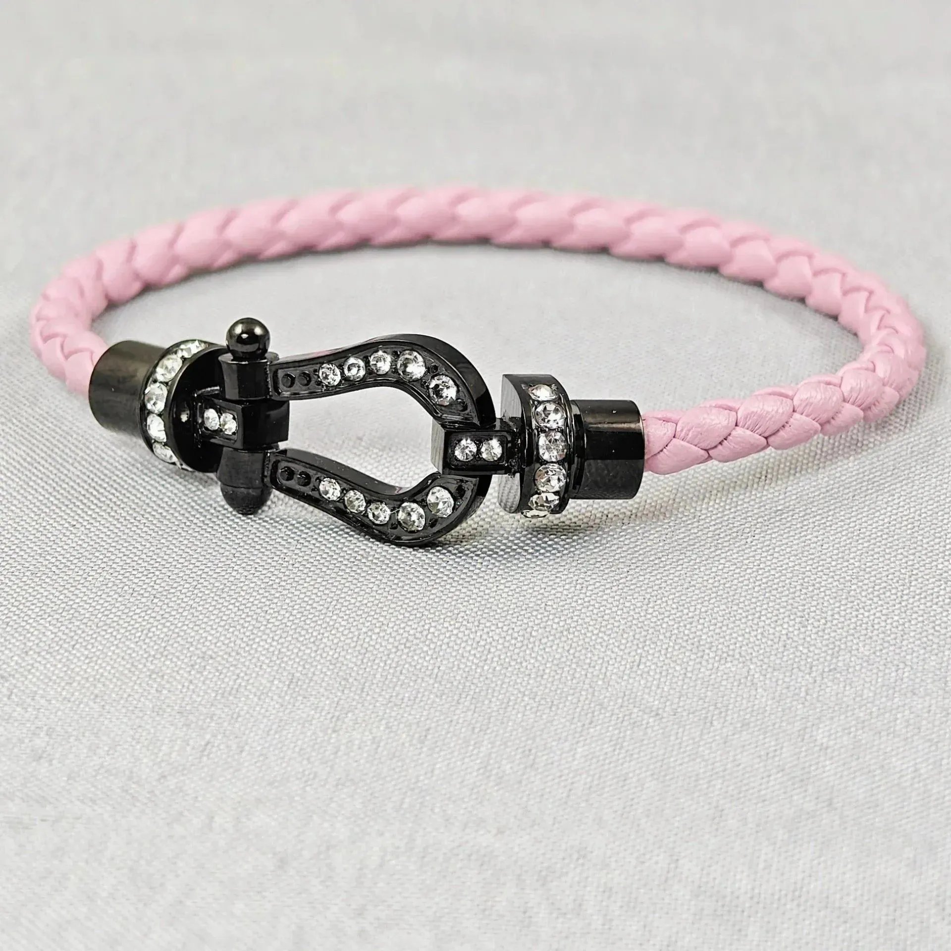 Fendi Selleria Bracelet Pink Braided Leather with Black Crystal-Embellished Clasp