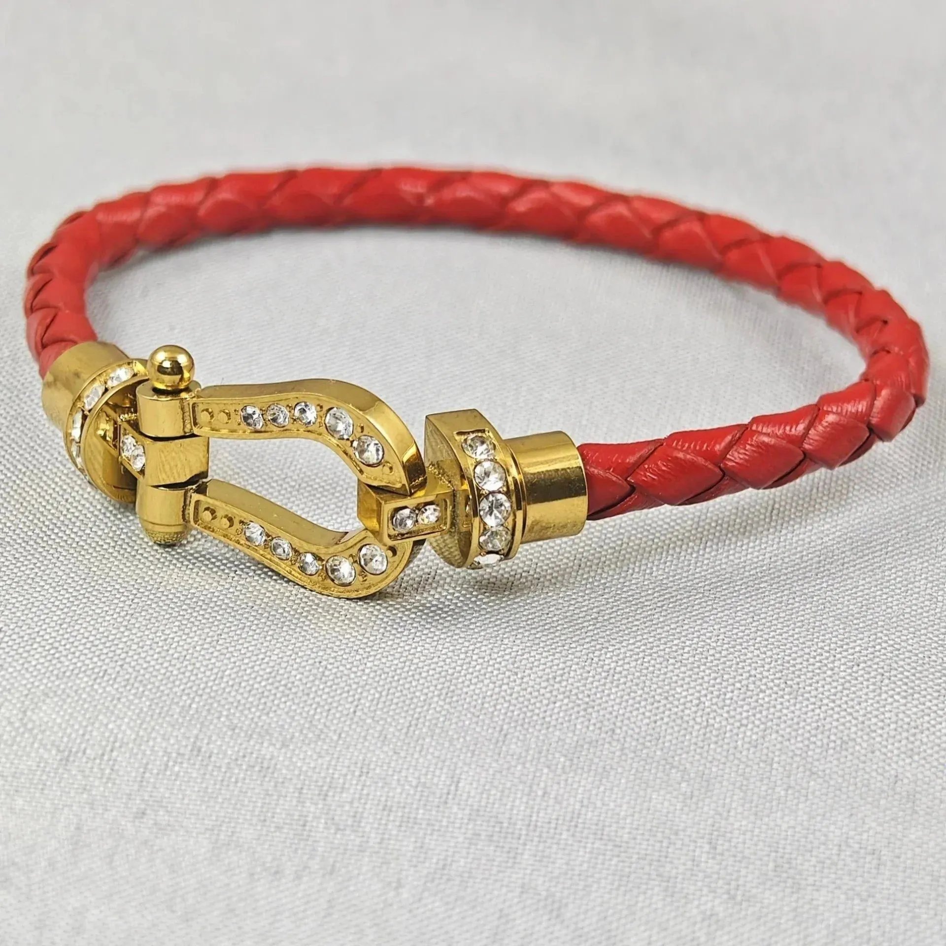 Fendi Selleria-Inspired Braided Leather Bracelet with Crystal-Embellished Gold Clasp Red Bracelet
