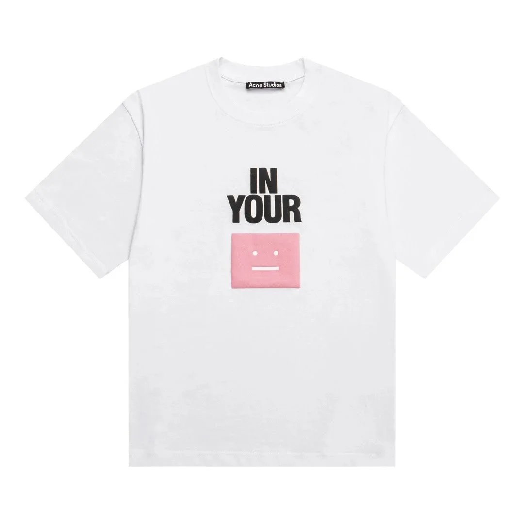 Acne Studios T-Shirts Crewneck Logo T-Shirt — White Square Smiley Face Puff Print