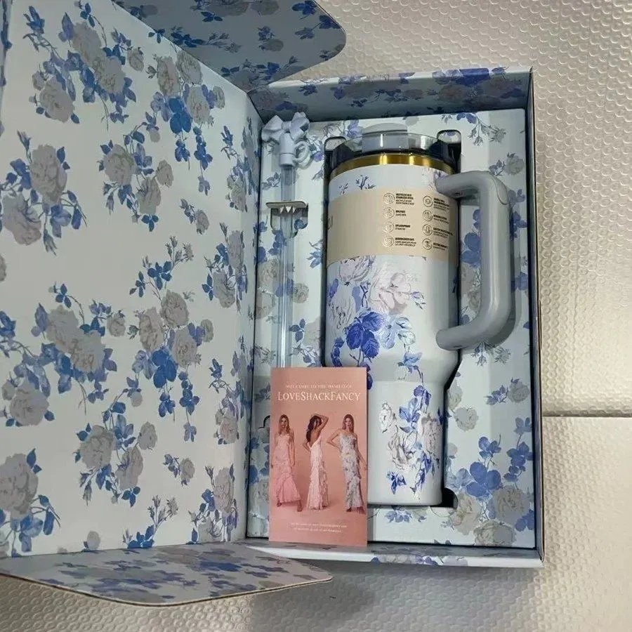 LoveShackFancy Floral Print Insulated Travel Mug with Straw and Gift Box