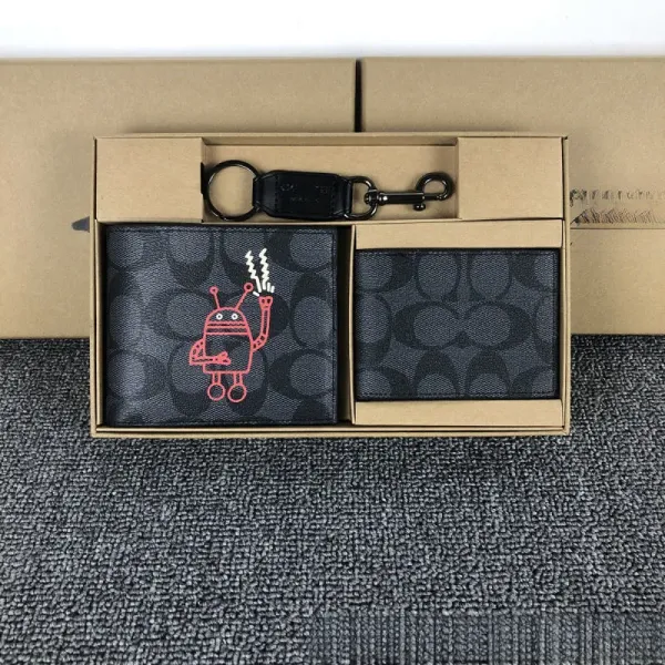Coach x KAWS Robot Print Bifold Wallet and Keychain Set Black - 1