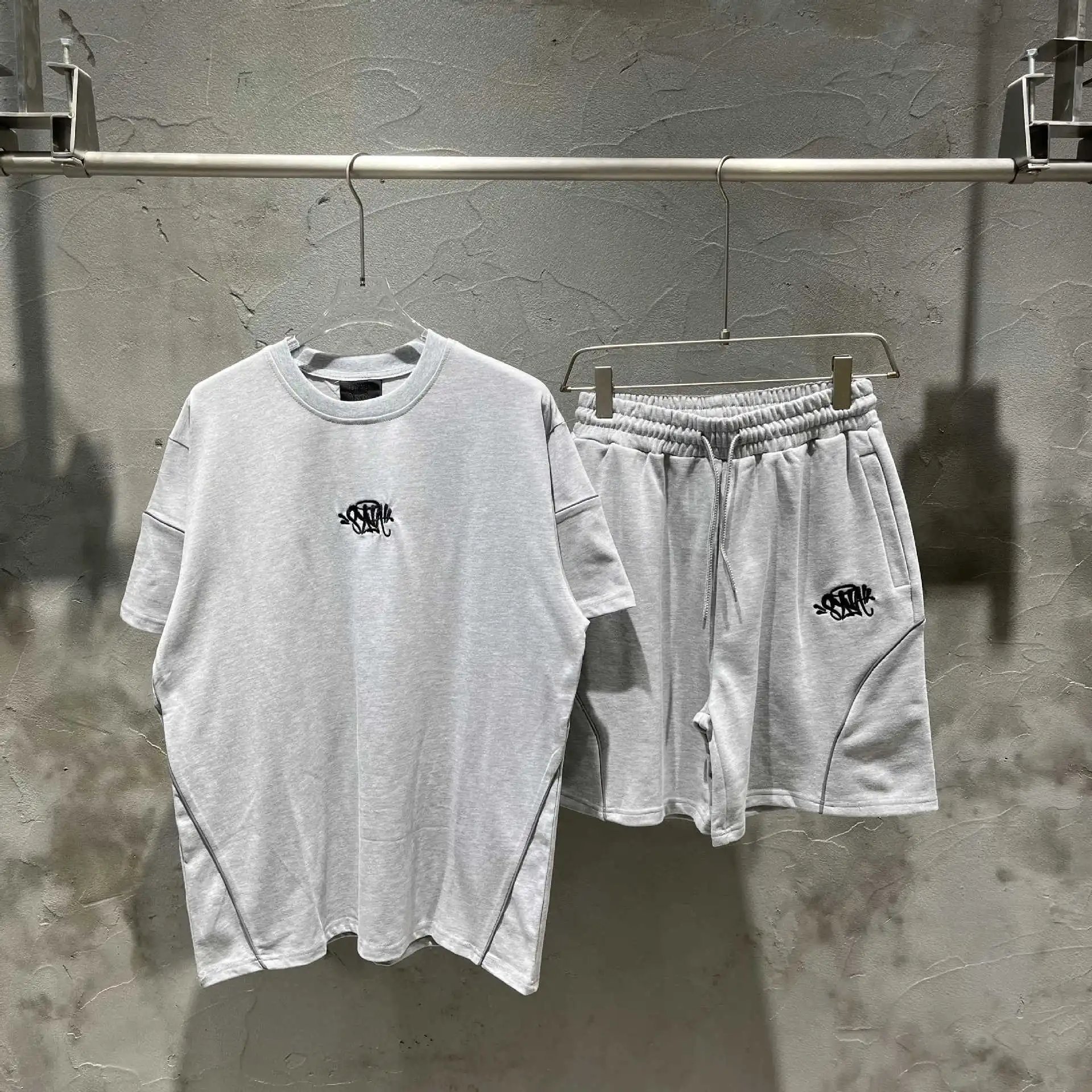 Unbranded Reflective piping graffiti-logo T-shirt and shorts set — Gray suit