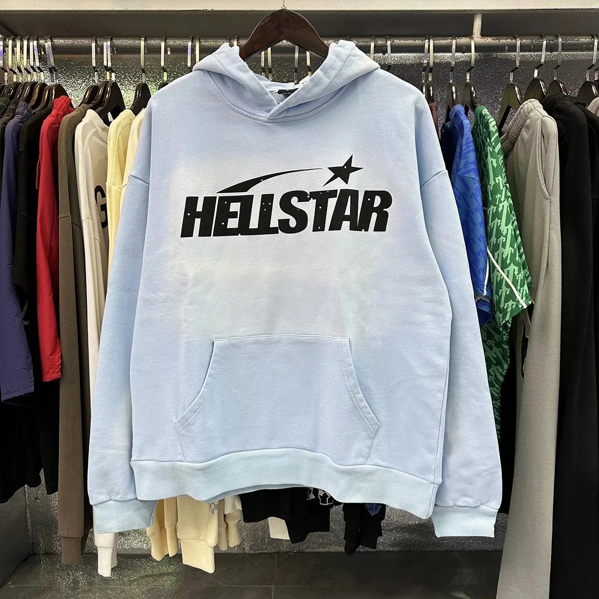 Hellstar Hoodies & Sweatshirts Graphic-print pullover hoodie with kangaroo pocket — 2218 Sky Blue
