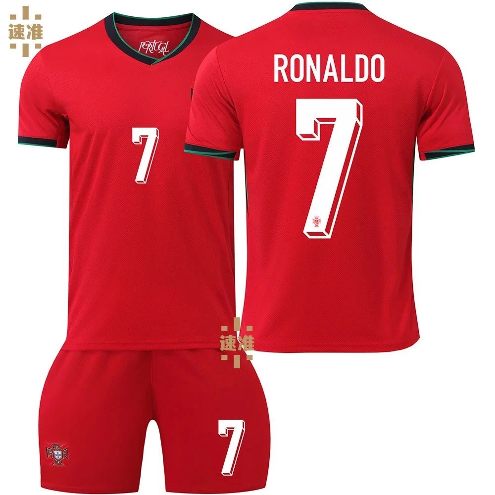 Portugal National Team Cristiano Ronaldo #7 Home Kit Red/Green Jersey Set - 13