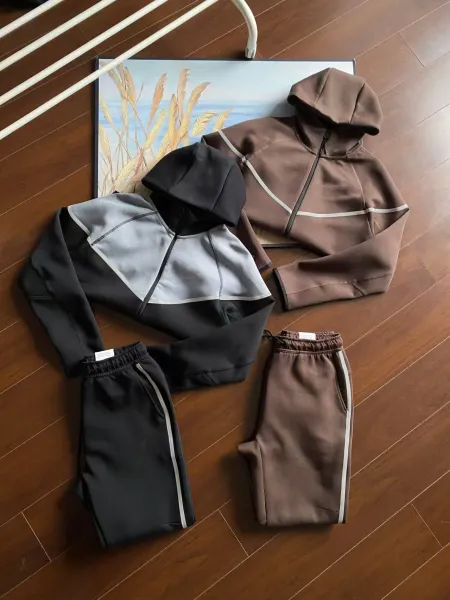 Design Technical Hoodie and Sweatpants Set in Black / Gray and Brown Tracksuit - 1
