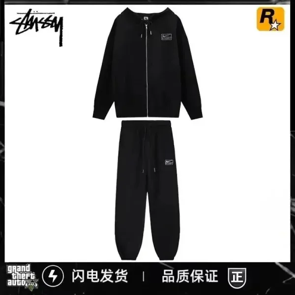 Stüssy x Nike Collaboration Full-Zip Hoodie and Sweatpants Set Black Tracksuit - 1