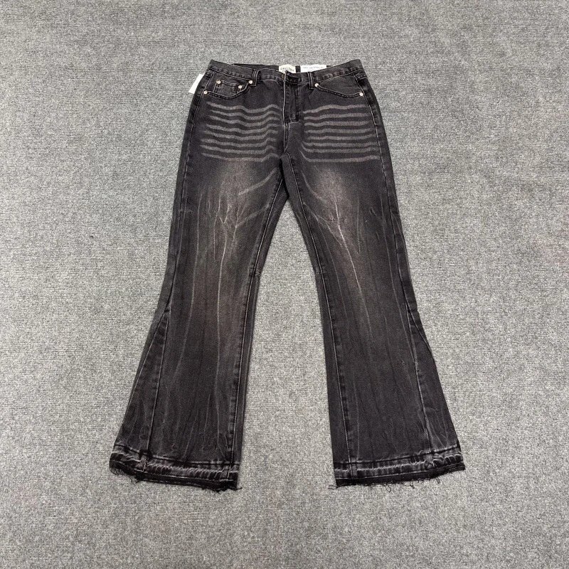 Unbranded Jeans Washed Flared with Contrast Side Panels and Raw Hem — 900 wash black