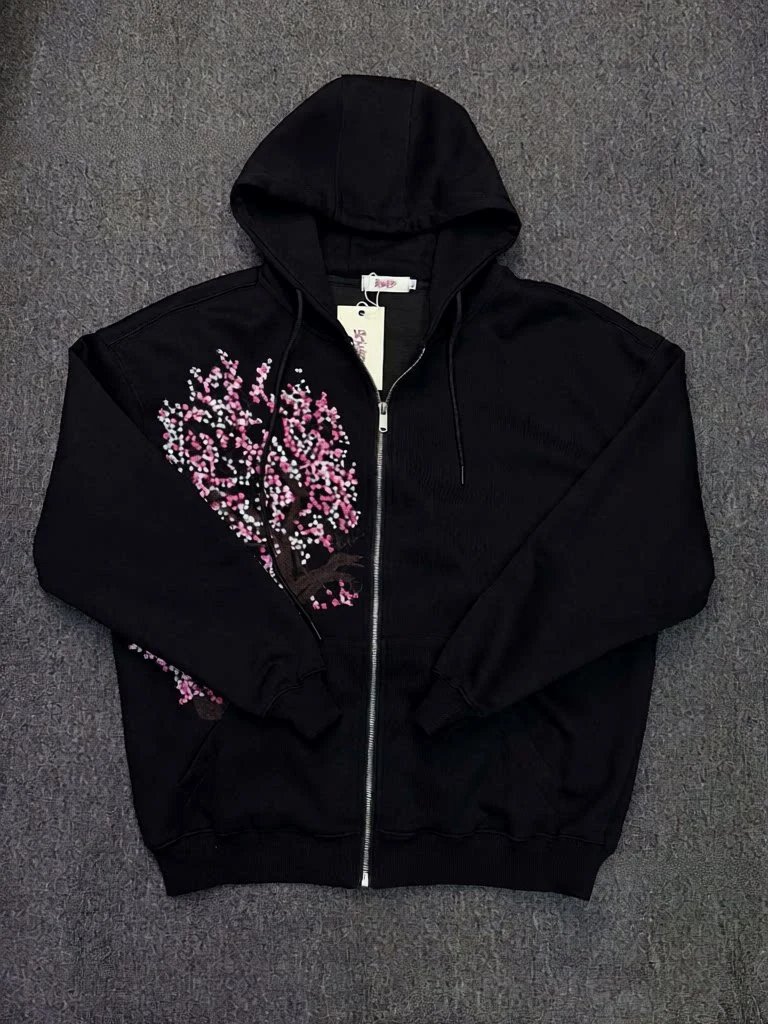 Schutze Jeans Cherry Blossom Embroidered Wide-Leg — Black hoodie