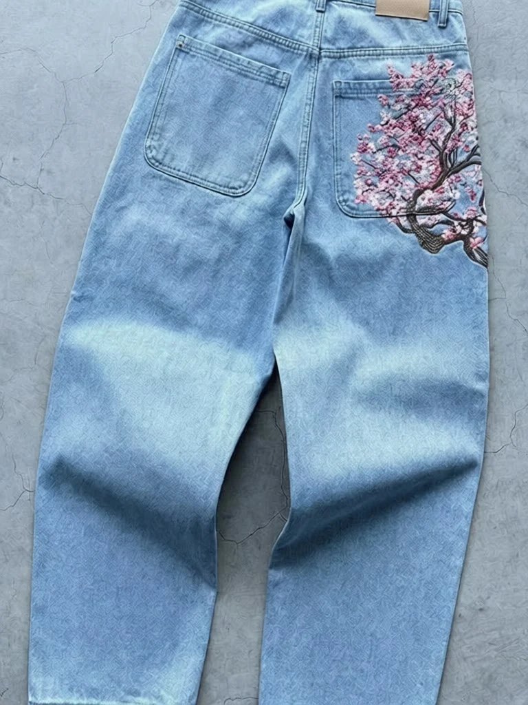 Schutze Jeans Cherry Blossom Embroidered Wide-Leg — Blue 3 (spot)