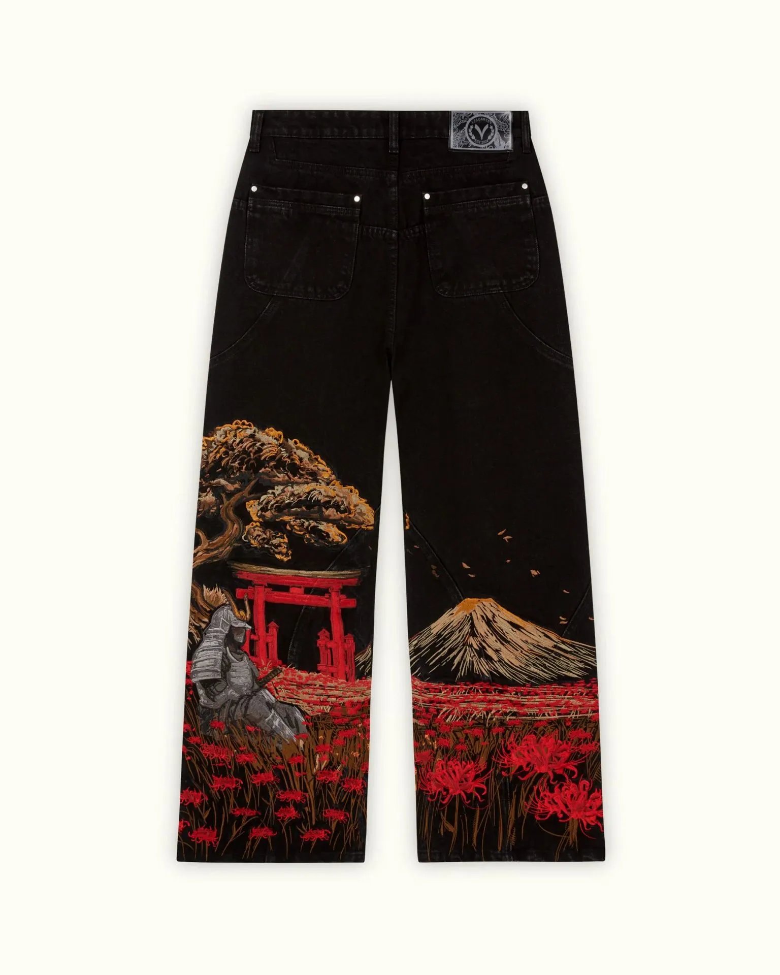 Schutze Jeans Cherry Blossom Embroidered Wide-Leg — Black 7(In stock)