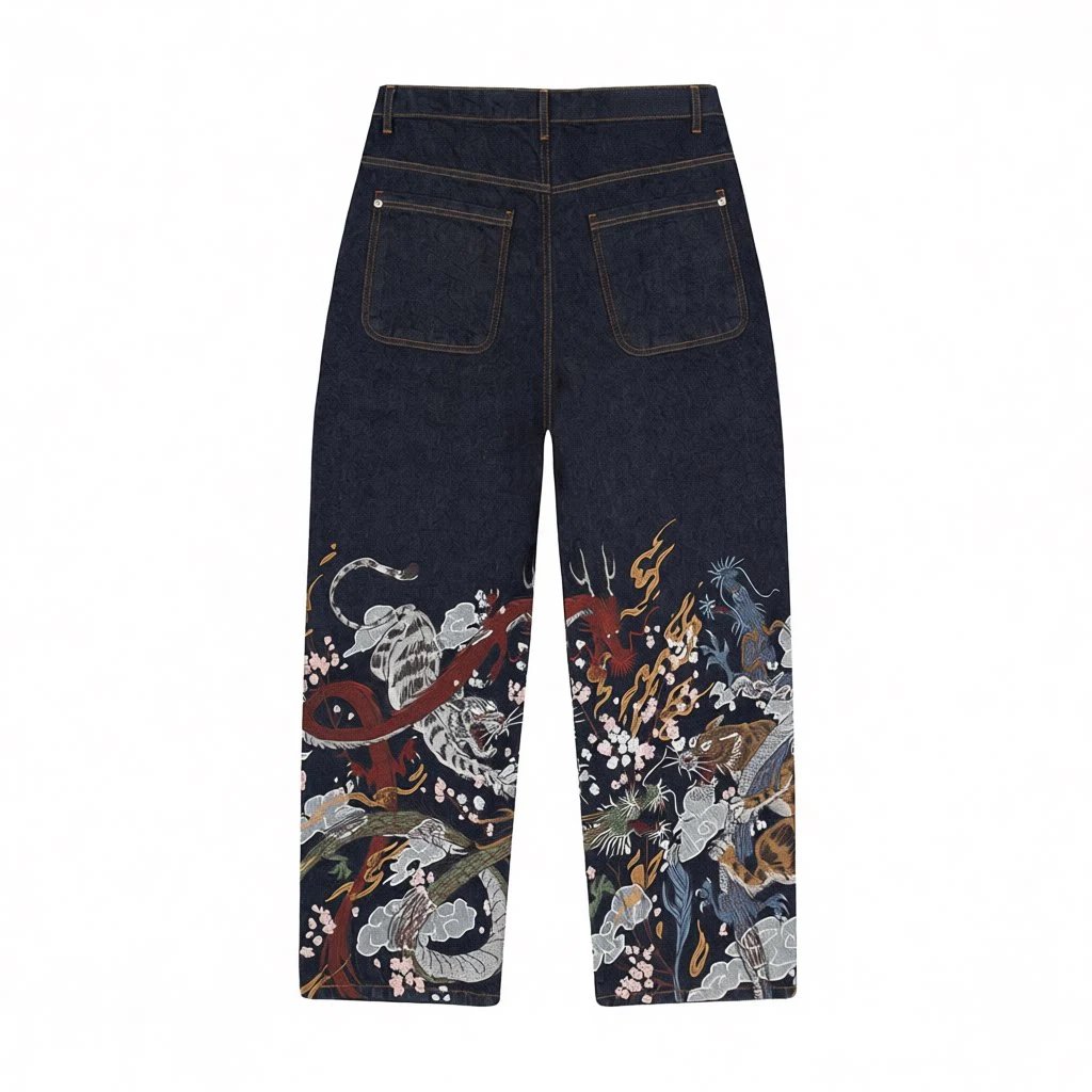 Schutze Jeans Cherry Blossom Embroidered Wide-Leg — Black Dragon and Tiger