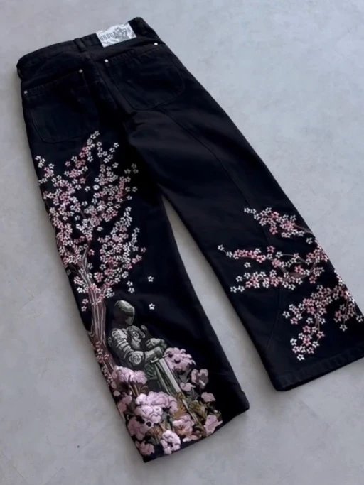 Schutze Jeans Cherry Blossom Embroidered Wide-Leg — Black 2 (spot)