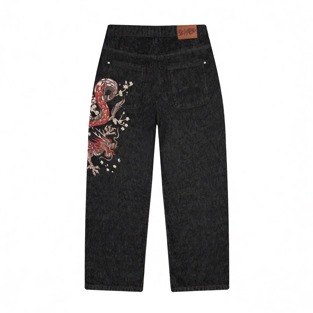Schutze Jeans Cherry Blossom Embroidered Wide-Leg — Black Dragon