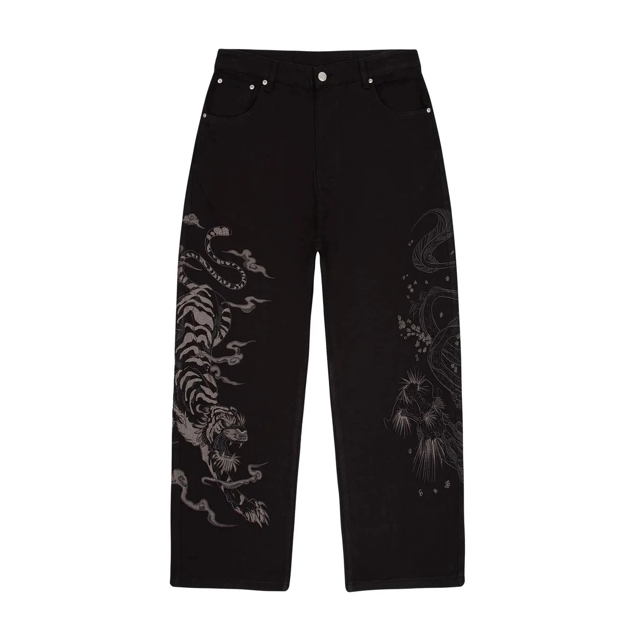 Schutze Jeans Cherry Blossom Embroidered Wide-Leg — Black White Tiger