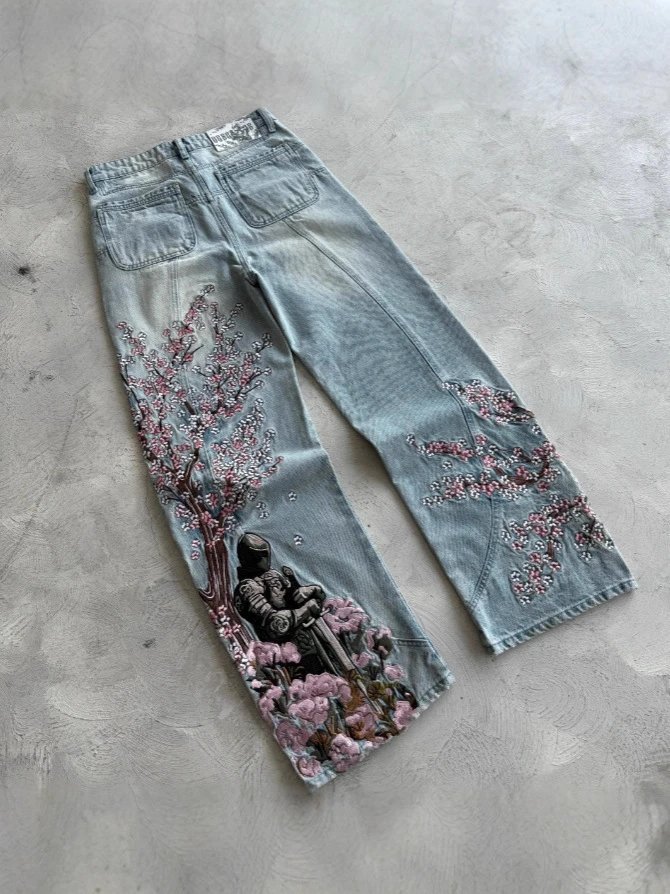 Schutze Jeans Cherry Blossom Embroidered Wide-Leg — Blue 2 (in stock)